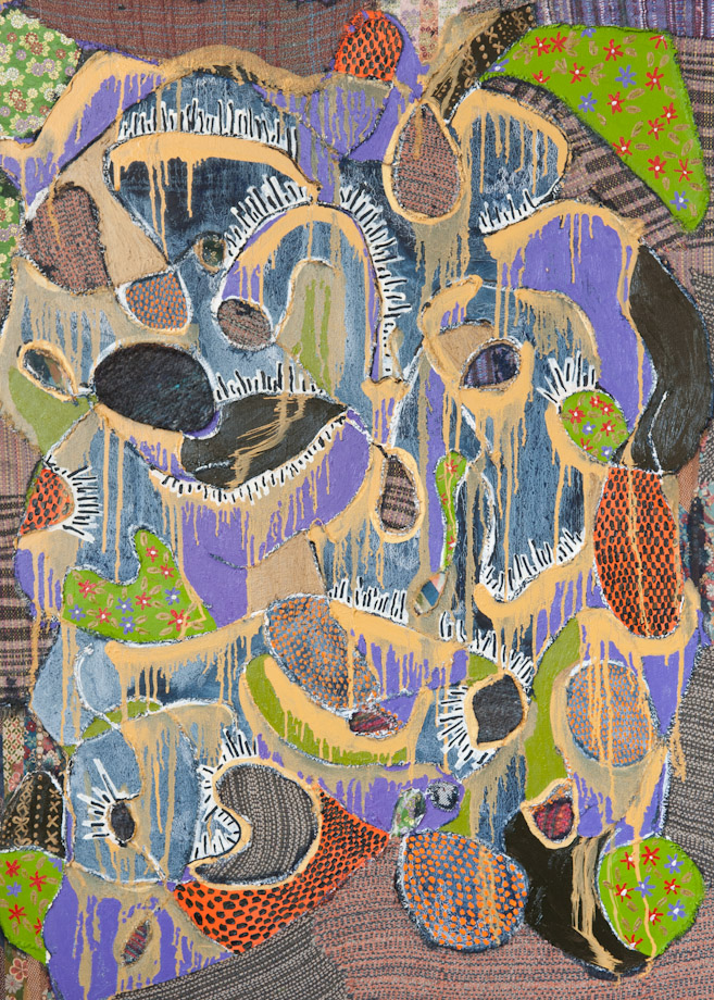 <em>Responsive, Handwoven fabric, string and oil on canvas, 48x36”, 2015.</em> 